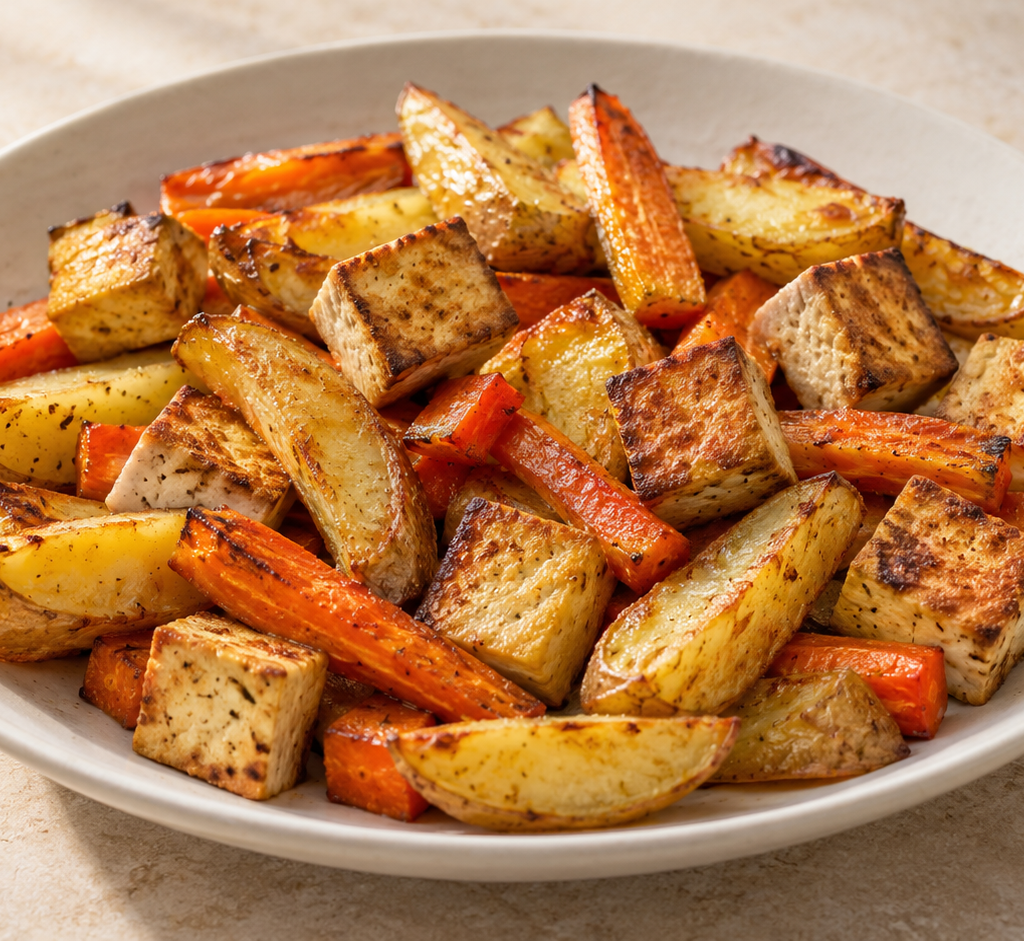 Baked tofu and potato wedges