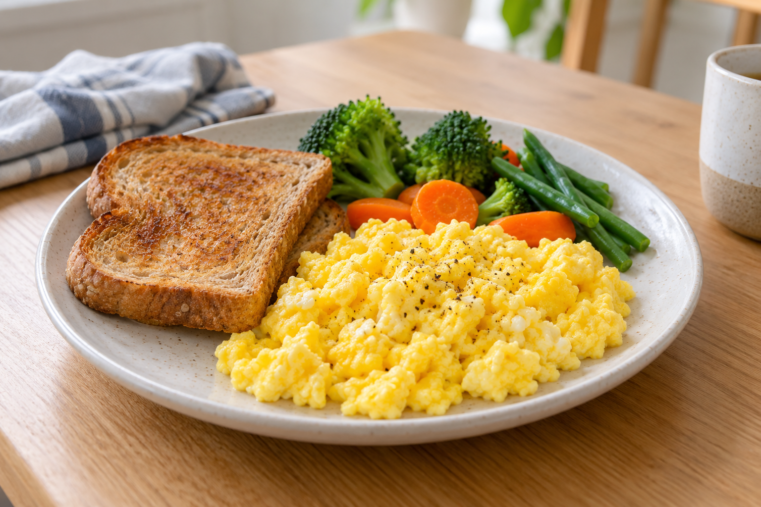 Eggs served with toast and vegetables