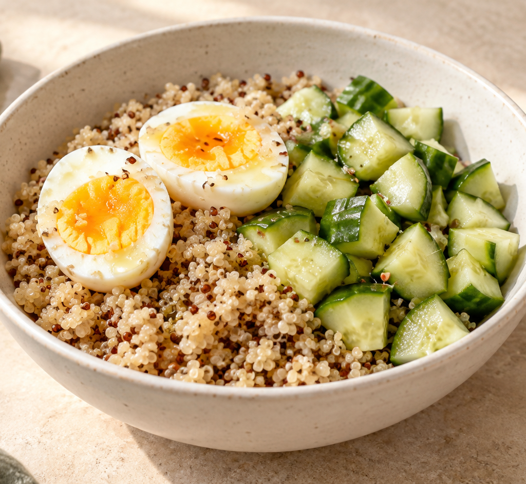 Quinoa, cucumber and egg bowl