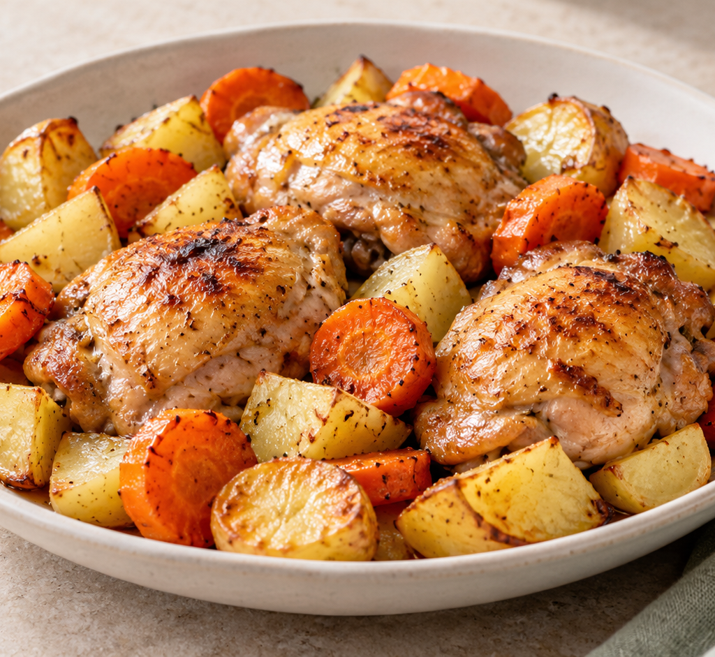 Chicken, potato and carrot tray bake