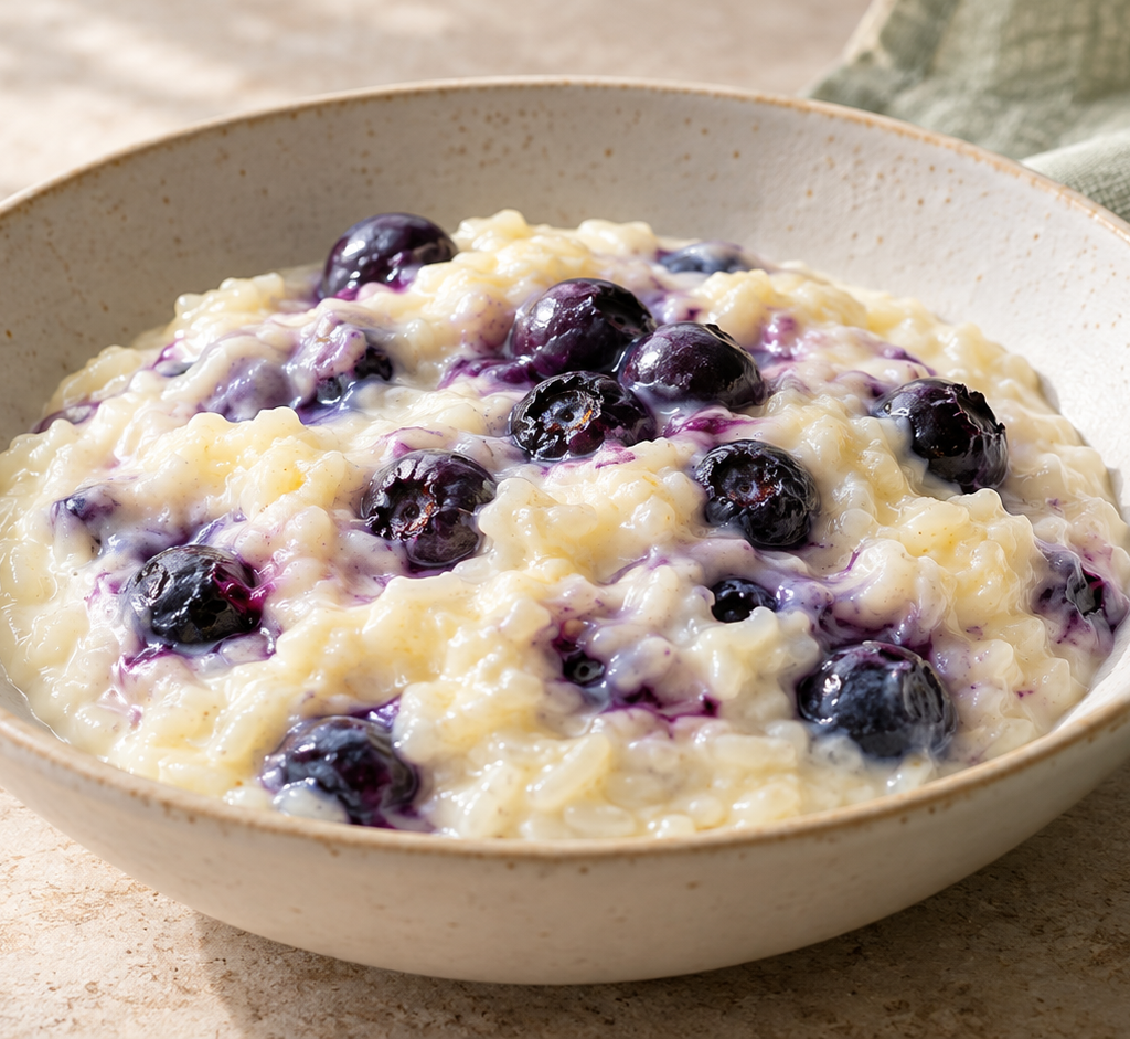 Warm blueberry rice custard