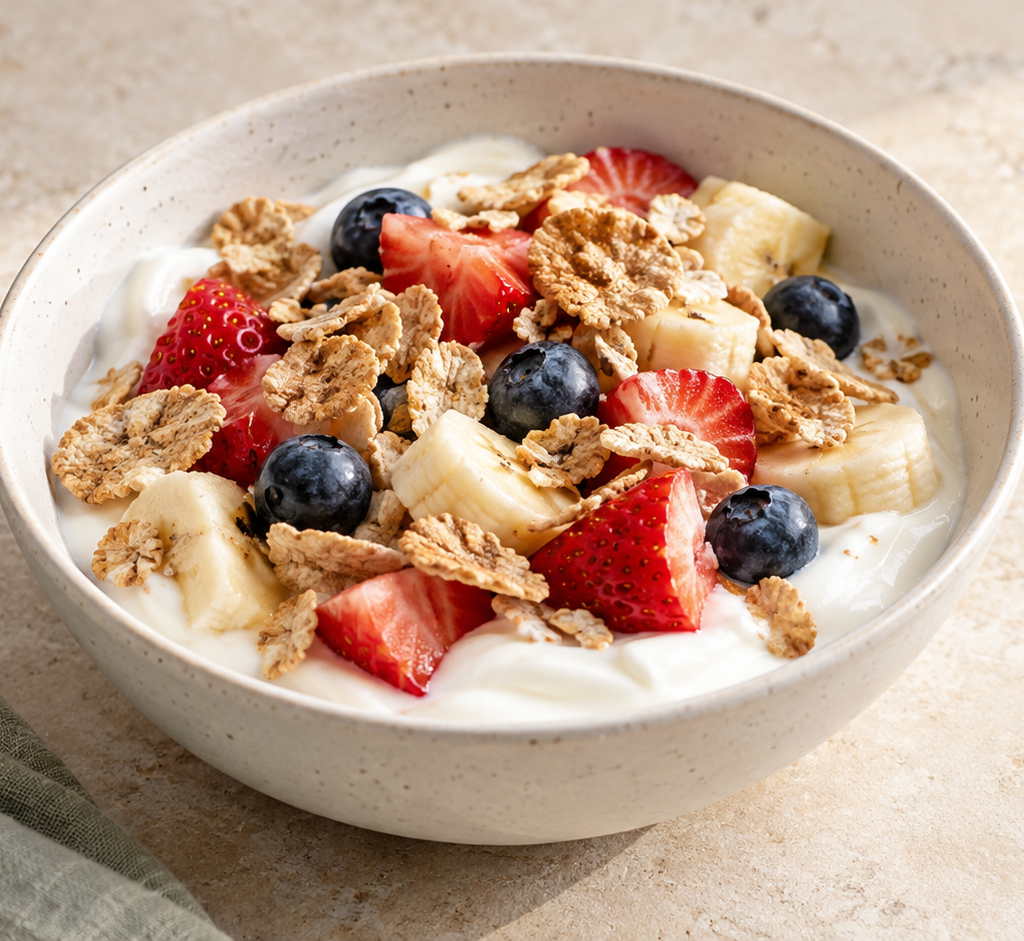 Yoghurt, fruit and cereal bowl