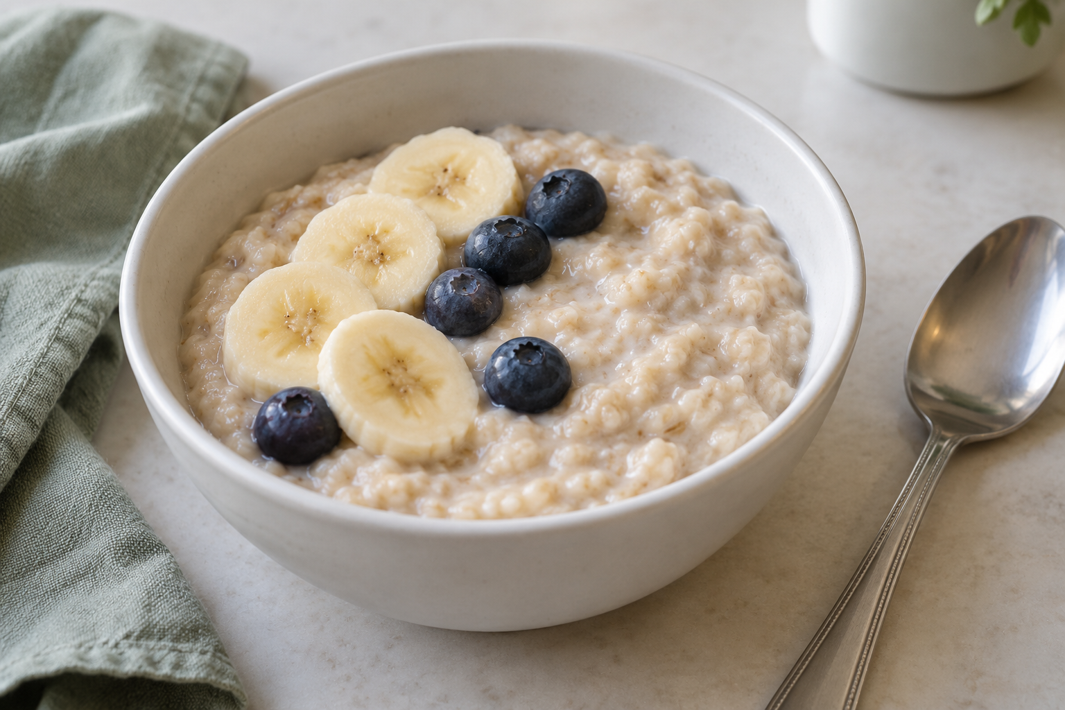 Creamy oat porridge topped with banana slices and blueberries in a white bowl.